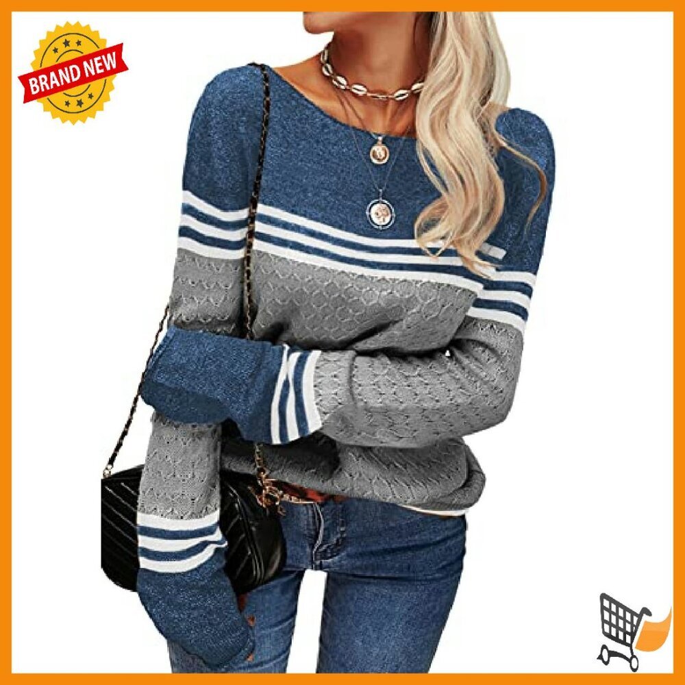 Lightweight Striped Crewneck Sweater Slim Fit Pullover Women's - Picture 3 of 8